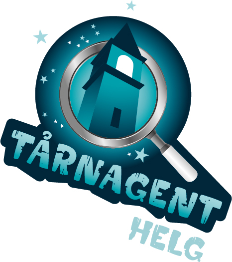 Tårnagent logo - en Illustrasjon av eit kyrkjetårn i eit forstorleiksglas med stjerner i bakgrunnen
