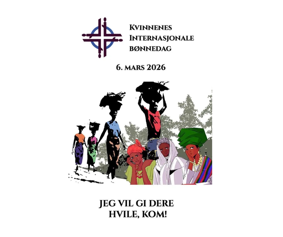 Logo for kvinnes internasjonale bønnedag og illustrasjon av kvinner i Nigeria