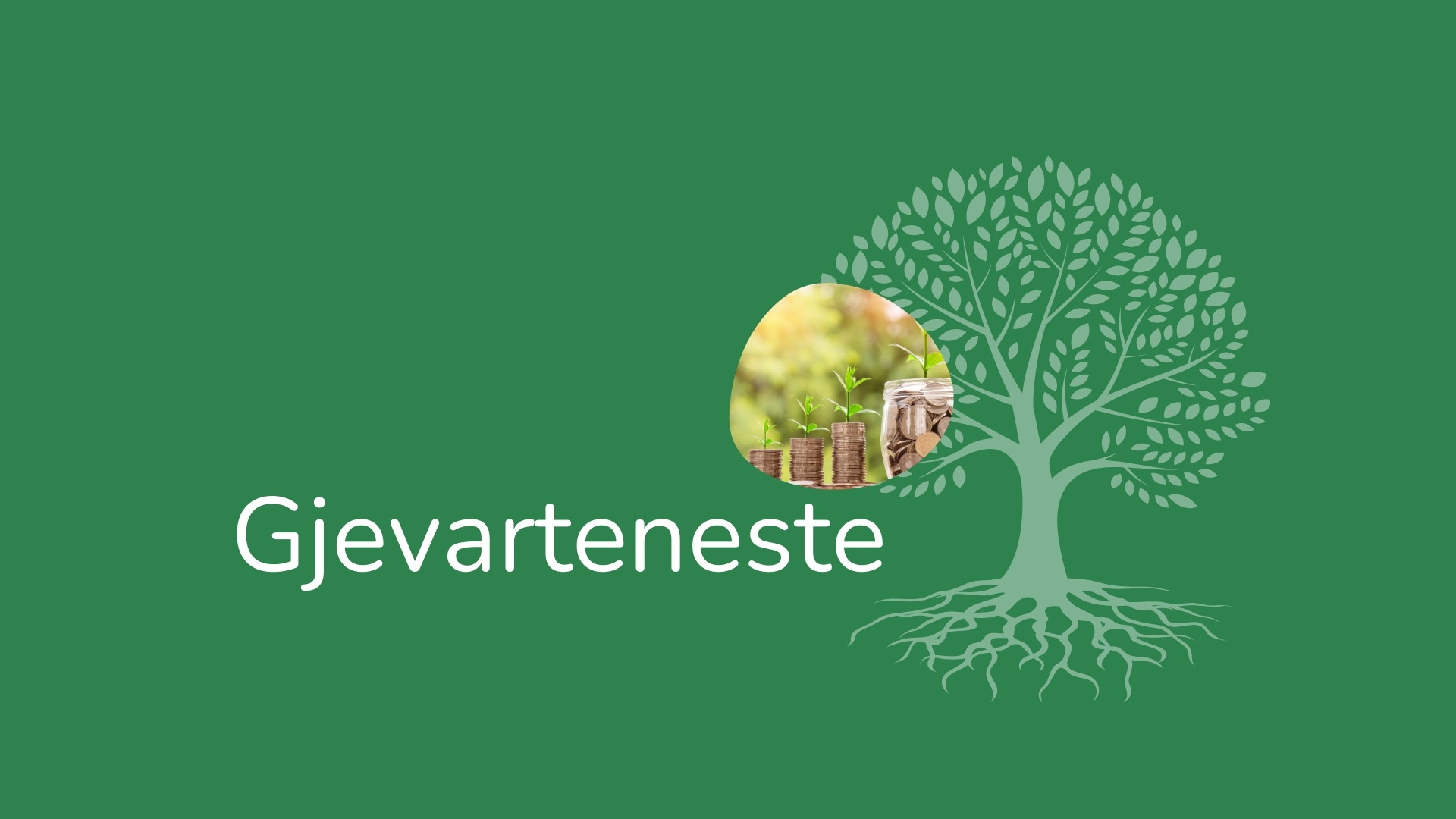 Logo med grønn bakgrunn, et tre med røtter og blader og mynter