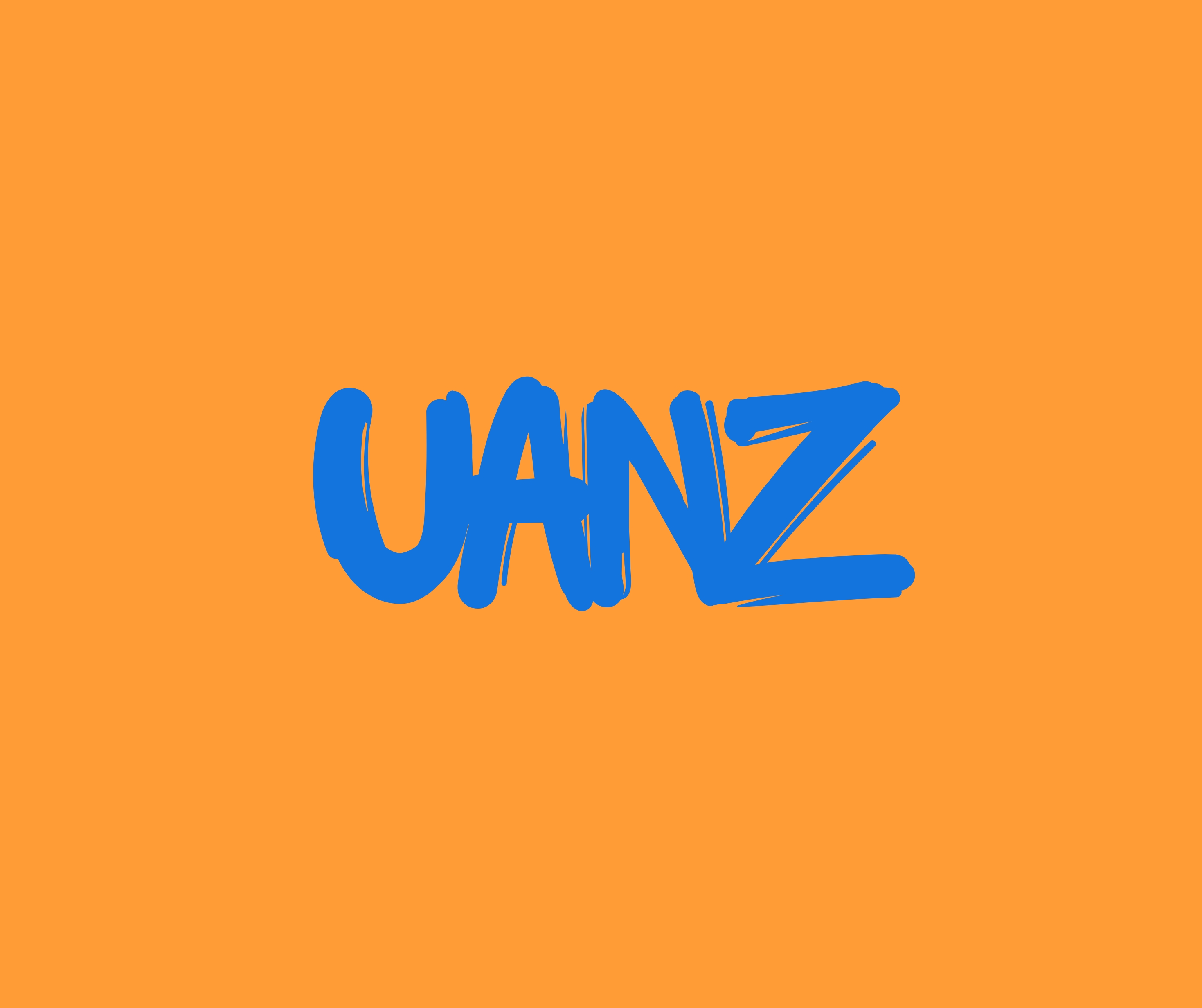 Uanz logo - oranje bakgrunn med blå tekst der det står uanz
